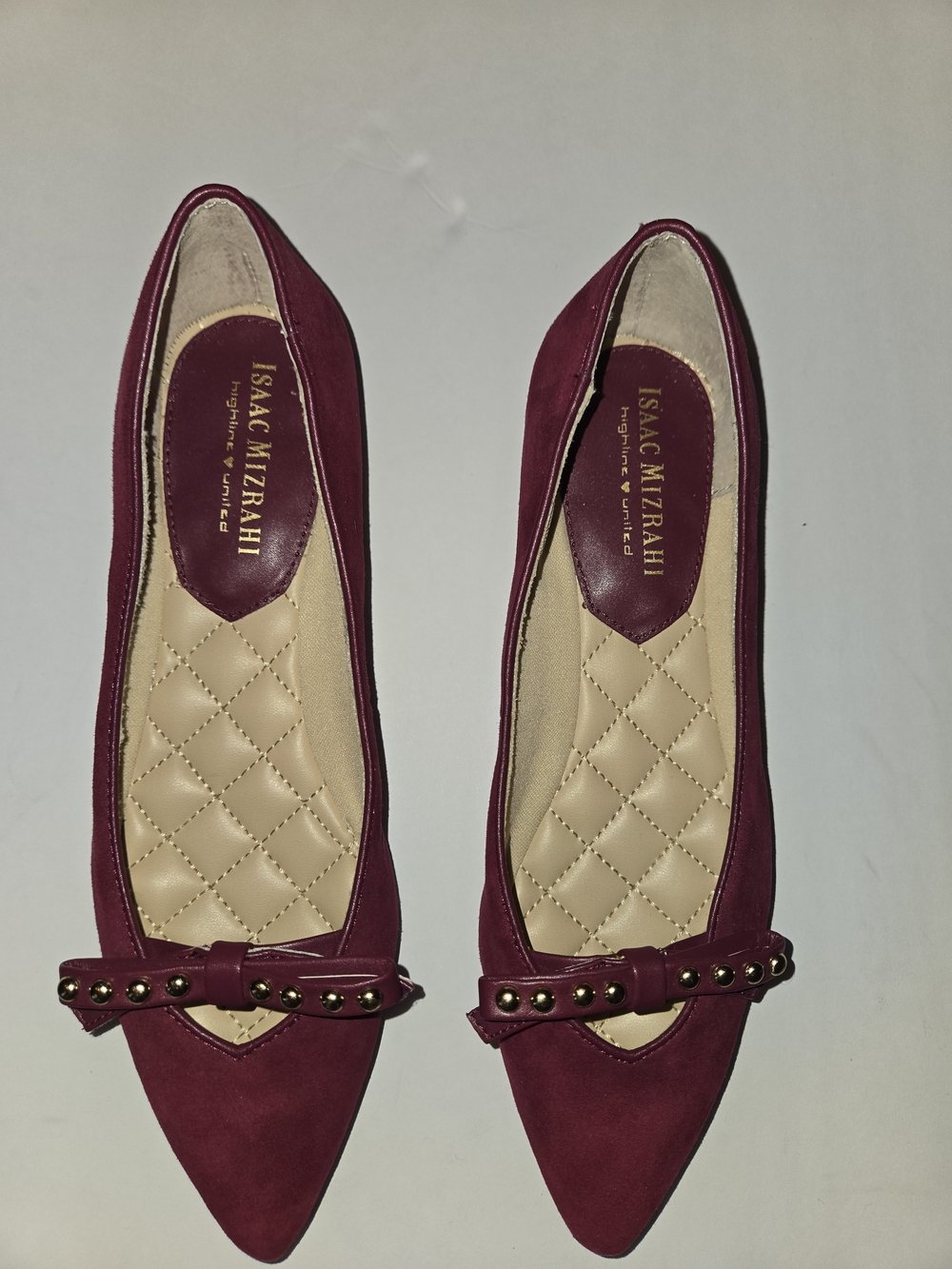 Isaac Mizrahi Monica Red Pointed Toe Ballet Flats Gold Pearl Bow 7.5 NWOB